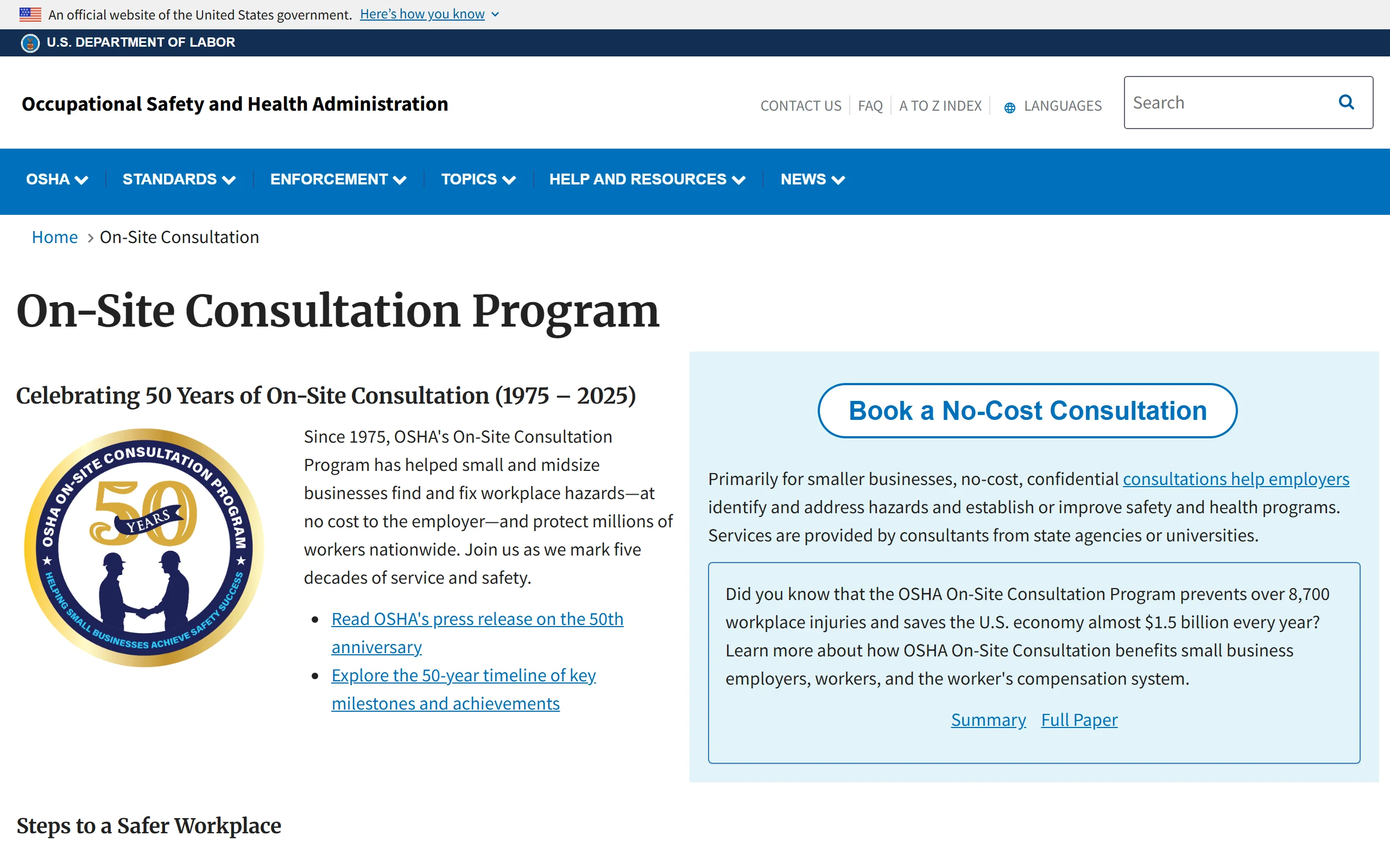 OSHA's On-Site Consultation Program page: no-cost, confidential consultations for smaller businesses
