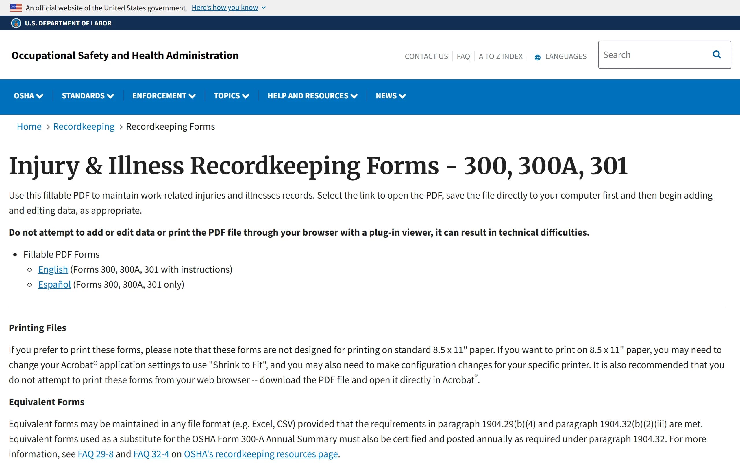 Free OSHA 300 log forms: OSHA's recordkeeping forms page with the fillable PDF