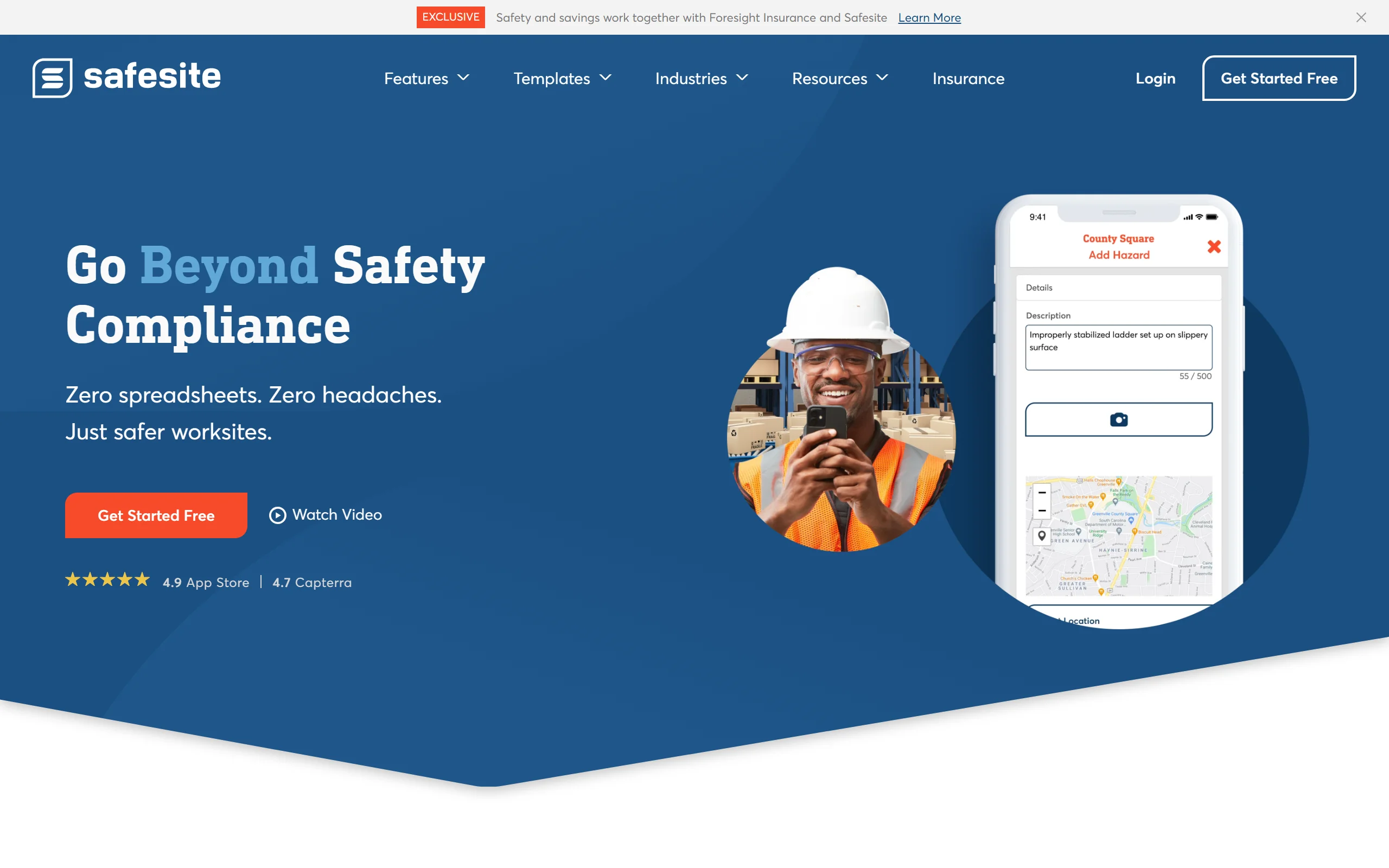 Construction safety app Safesite: home page with hazard reporting on a phone