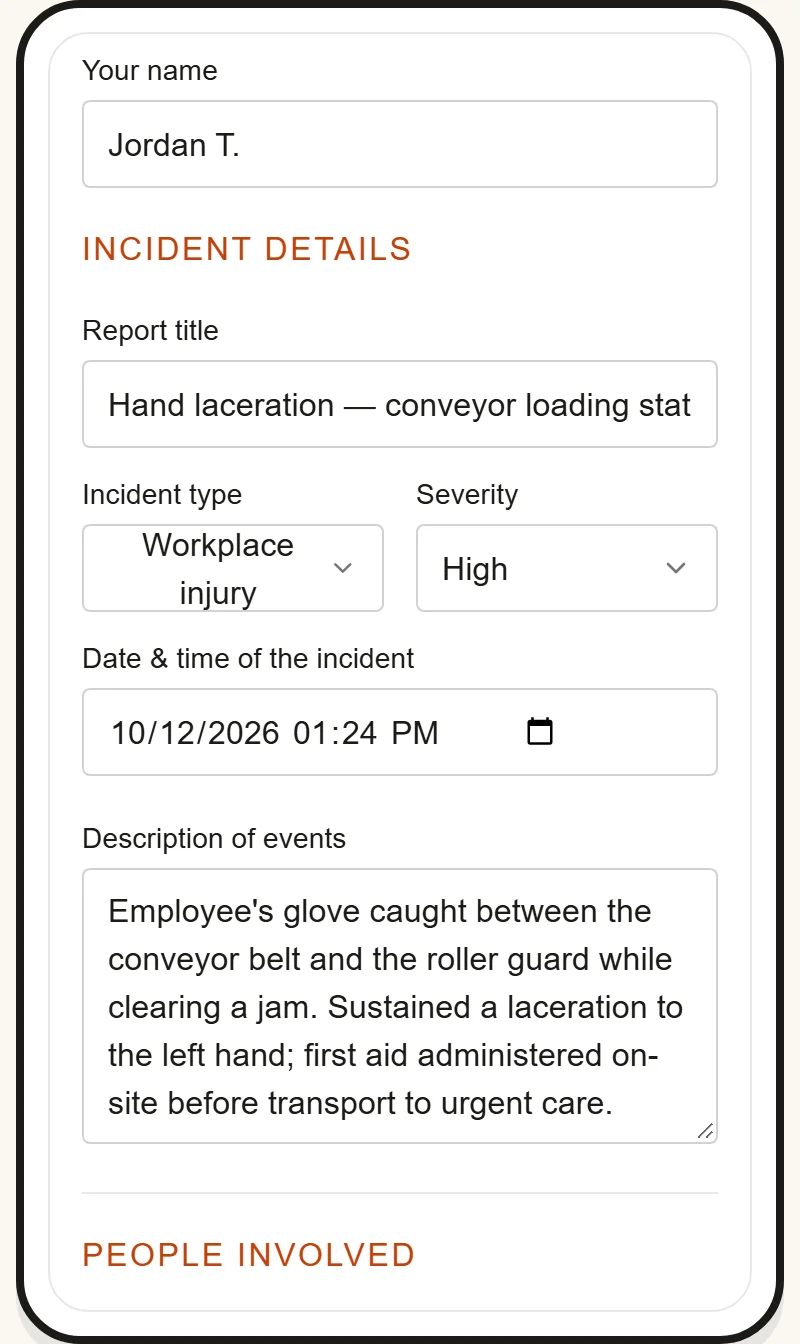 OSHA recordkeeping software IncidentLog: a worker's injury report filed from a phone