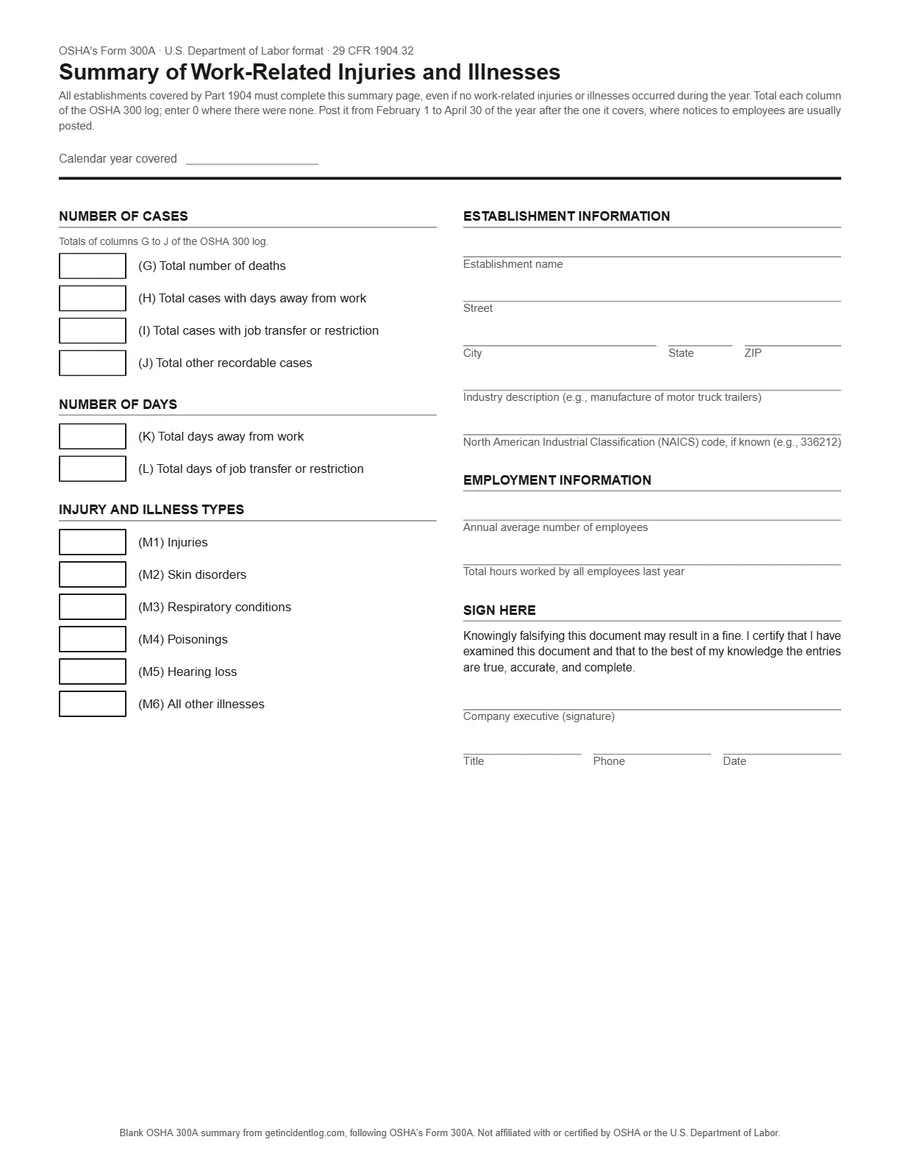 Blank OSHA 300A summary form: totals for columns G to M, establishment information, employees and hours worked, and the executive's certification