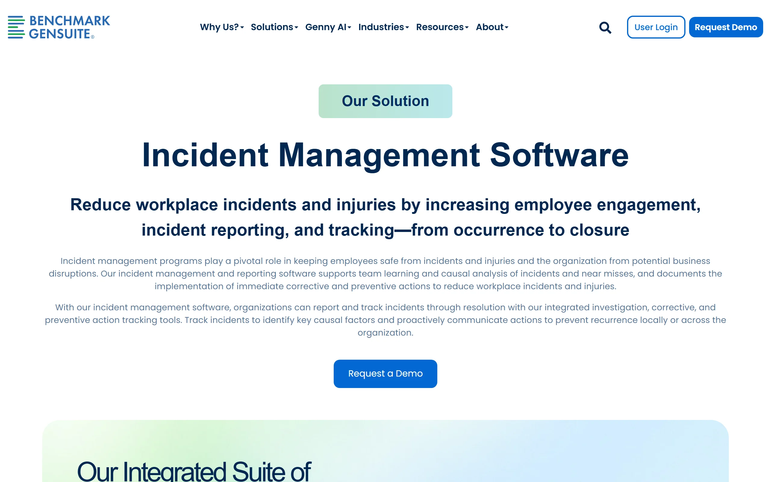 EHS incident management software Benchmark Gensuite: incident management page
