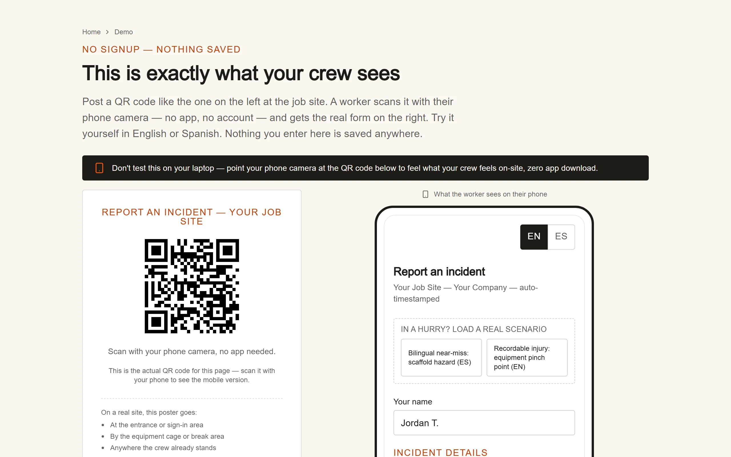 Incident reporting software IncidentLog: the QR poster and the worker's phone form